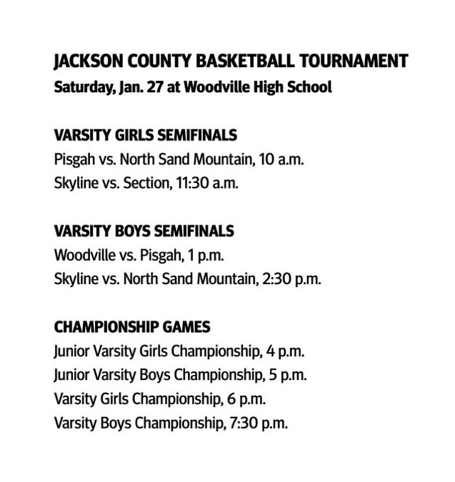 The 2023-24 Jackson County Basketball County Tournament🏀 
at Woodville <a href="/JCBOEal/">JacksonCountySchools</a> #ForwardTogether <a href="/NorthJacksonHi1/">North Jackson High School</a> <a href="/NSMBISON/">North Sand Mountain</a> <a href="/PisgahSports/">Pisgah High School</a> <a href="/LionsSHS/">Section High School</a> <a href="/SkylineSchool/">Skyline School</a> <a href="/WoodvilleHS/">WoodvillePanthers</a>