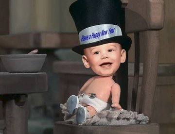 wave_coffee's tweet image. Baby New Year, aka "Happy". That's me. I edited my real baby face on the Baby New Year character.  🙂