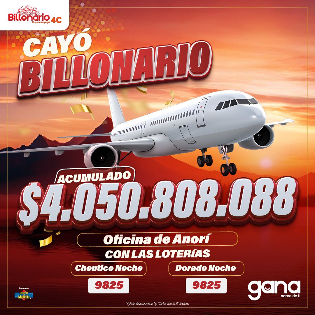 ¡En #Gana estamos felices! Tenemos un nuevo millonario en Antioquia. El viernes 26 de enero cayó BILLONARIO con el acumulado de $4.050 MILLONES con el número 9825  jugado por Chontico Noche y Dorado noche ¡Felicitaciones al ganador! 💚👏🏻🎊 ¿Ya jugaste hoy? Cómpralo ahora