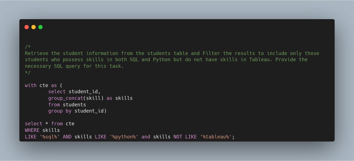 bhatnagardaksh1's tweet image. Ankit Bansal posted a video on his YouTube channel. The task was to select students who possess skills in both SQL & Python but not in Tableau. Here is my solution. Link:- lnkd.in/gisk2zuC
#SQLChallenge #Coding #LinkedInLearning #SQL #Python #DataScience #ChallengeAccepted