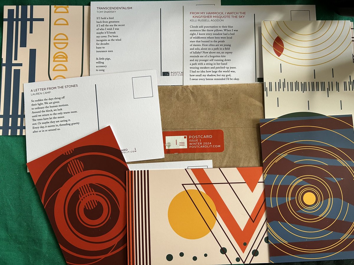 Received this wonderful package in the mail with poems from @TomSnarsky, @KelliAgodon and Lauren Camp among so many others. Postcard Lit is one very cool magazine. @LitPostcard