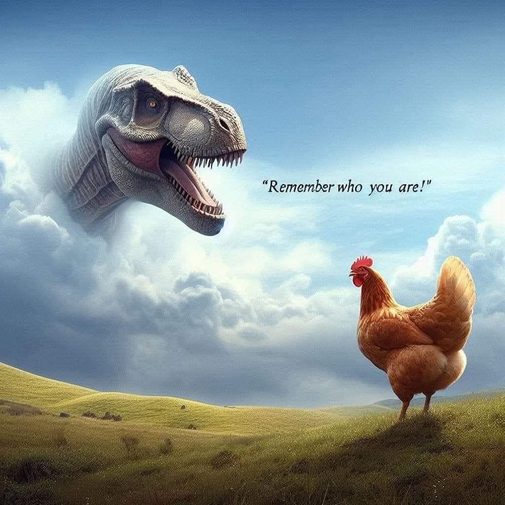 لما تكون ملحد تسخر من تركيب صورة دجاجة براس ديناصور ومكتوب عليها سبحان الله من بعض قليلي الفهم، وانت مؤمن أن الديناصور نفسه صار دجاجة بقدرة ماما الصدفة والطفرات العشوائية
