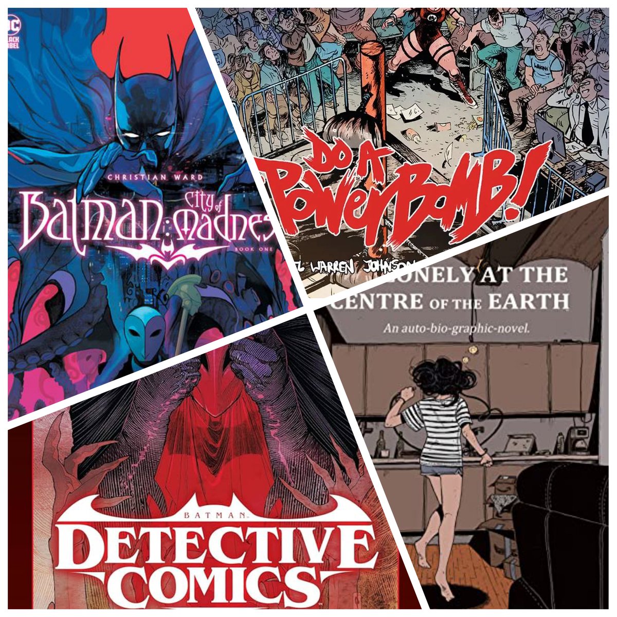 3 (now 4) books I've read/I'm reading recently that knocked it out of the park - part 2- -Batman: City of Madness by @cjwardart -Detective Comics by @therightram and Rafael Albuquerque -It's lonely at the centre of the Earth by @zoethorogood -Do a Powebomb! by @danielwarrenart