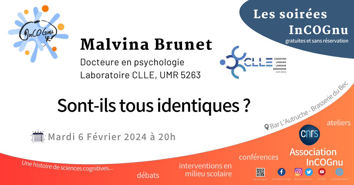 La prochaine soirée-débat aura lieu le Mardi 06 Février à 20h !  Ce sera Malvina Brunet qui présentera un biais cognitif qui intervient dans la reconnaissance inter-individuelle.  Venez nombreux ! 🤗 📷<a href="/CNRS_Toulouse/">CNRS Occitanie Ouest</a>