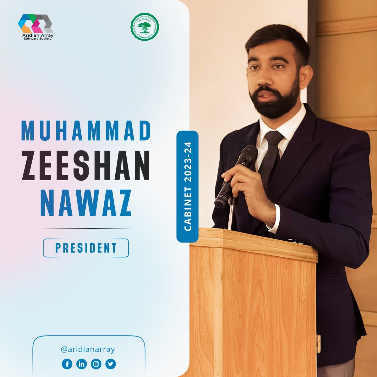 AridianArray's tweet photo. Ladies and gentlemen
Introducing Muhammad Zeeshan Nawaz,our visionary leader stepping into the role of President for the Aridian Array Software Society.
His disciplined approach, coupled with a dedication to the principles of inclusivity, makes him the perfect guide for society. https://t.co/RSwgya5az1