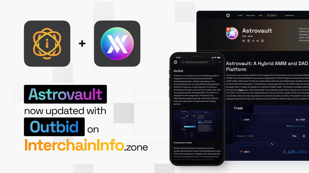 It's official, Outbid is now live on <a href="/axvdex/">Astrovault</a> 🚀

The first token sale, for their own $AVX is currently live and in the third round!💰
🔗 astrovault.io/outbid/Astrova…

How does Outbid work? What are rounds?
Check out Astrovault's page on ICI today to find out!👇
interchaininfo.zone/indexes/astrov…