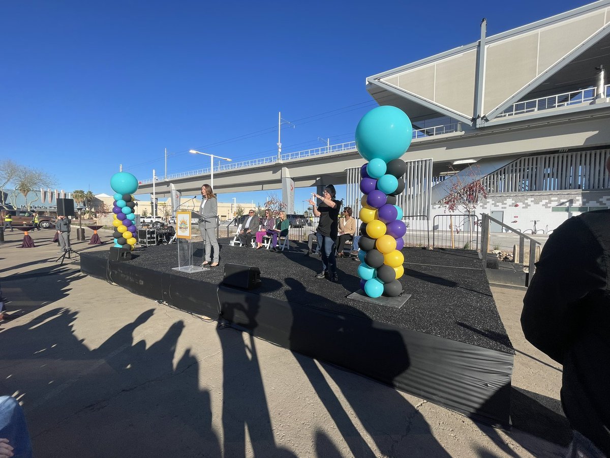 valleymetro's tweet photo. “First elevated station, first rail only bridge, first light rail connection to the West Valley!” #ValleyMetroCEO #Northwest2 opening
#Prop400atWork https://t.co/xDwFwLPnLC