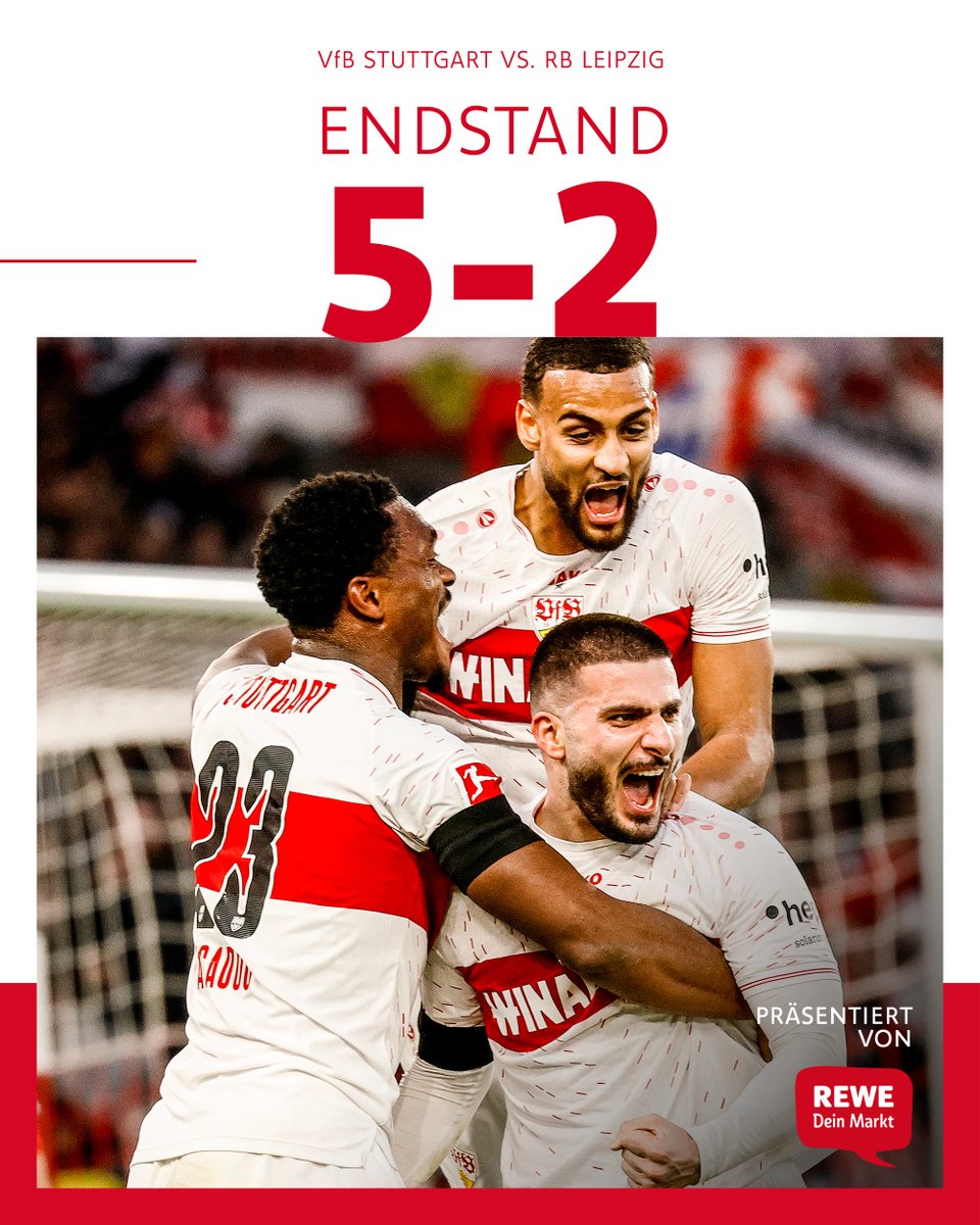 ⏹ Was. Für. Ein. Fußballnachmittag. ⚪🔴🔥 Der VfB besiegt RB Leipzig mit 5:2 und behält drei verdiente Punkte in Cannstatt! In einer spektakulären zweiten Hälfte treffen Jamie #Leweling (48.) und Deniz #Undav (57., 75.) für den VfB. Lois #Openda verkürzt zwischenzeitlich auf