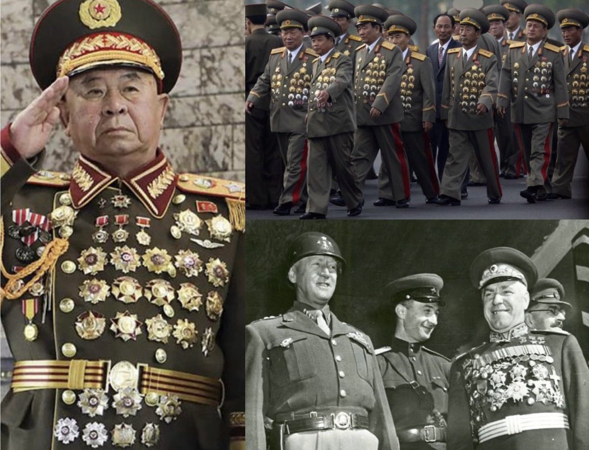 With not much action since the Korean War, the absurd amount of medals the North Korean generals wear had puzzled me. I just learned they also wear the medals of their fathers and grandfathers. USSR also influenced them—I added Zhukov to this for comparison. #ColdWarHist #WWII