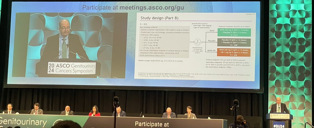 TiansterZhang's tweet photo. @motzermd with a thorough overview of the #Checkmate914 data, nivolumab without signif disease free survival effect vs placebo. <10% T4 or N1 and no M1NED pops may be a clue? @ASCO #GU24 @OncoAlert https://t.co/ePmfInqxJJ