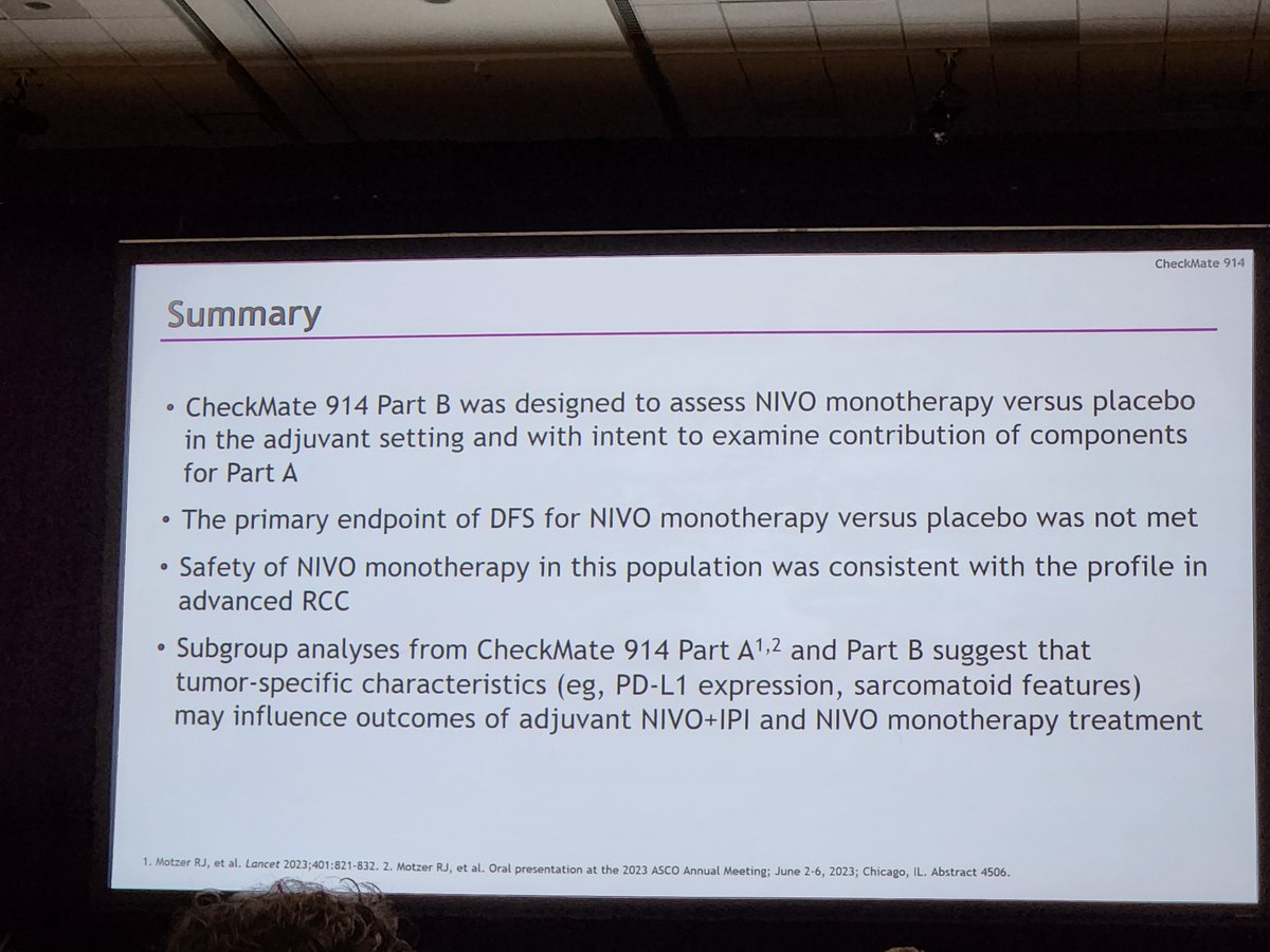 Checkmate 914 part B results of adjuvant nivolumab monotherapy vs placebo in kidney cancer. No difference in DFS. #GU24 <a href="/ASCO/">ASCO</a>