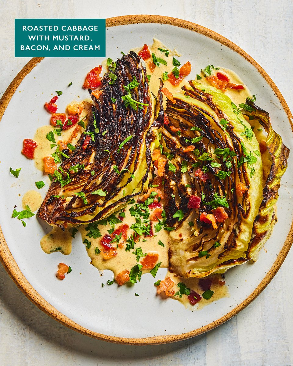 TestKitchen's tweet photo. An easy steam-roasting technique transforms this often overlooked and underestimated vegetable into a crisp-tender delight. Here are three ways to flavor roasted cabbage. Roasted Cabbage with Mustard, Bacon, and Cream recipe: https://t.co/rtcPQnEatr https://t.co/6ANrJwXV8x