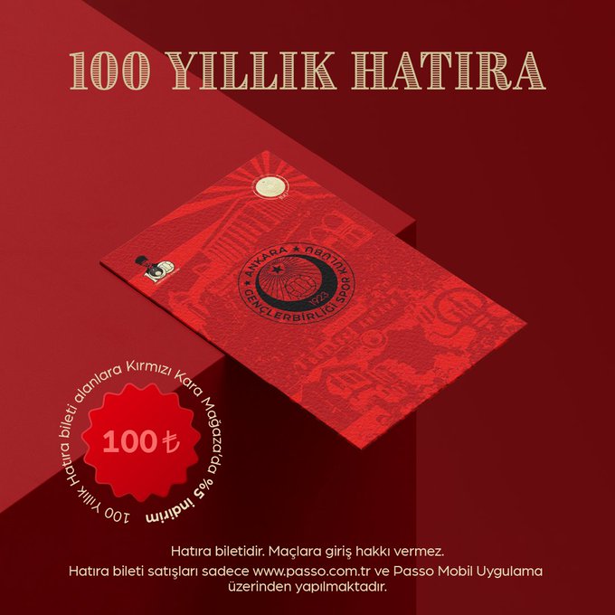 Haydi Ankara!
Gençlerbirliği(<a href="/kirmizikara/">Natura Dünyası Gençlerbirliği</a>)'ne destek zamanı!

Gençlerbirliği’nin 100.Yılına Özel “Hatıra Bileti” Satışta 🎫
100. yılında hem kulübe destek, hem de geleceğe bir anı bırakmak amacıyla sadece passo.com.tr ve Passo Mobil uygulamasında satılan biletler 100TL