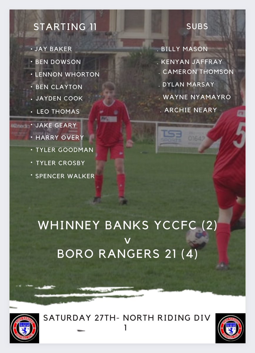 Match result 

<a href="/WhinneyBanksYcc/">OfficialWhinneyBanksYccfc</a> - 2
Boro rangers 21s - 4

Goals -
Leo Thomas 
Ben Clayton 
<a href="/Tylercrosby2007/">Tyler Crosby</a> ⚽️⚽️ 

⭐️ Leo Thomas 

Brilliant first half display but took the foot off the pedal in the second half which gave us some shakey minutes.