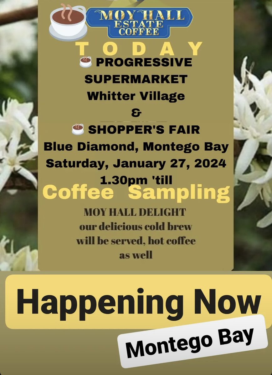 CoffeeMoy's tweet photo. WE'VE LANDED IN MONTEGO BAY
The Moy Hall Estate Coffee team looks forward to seeing you. Come sample our delicious brew, whether hot or cold
SEE YOU THERE!
100%JamaicaBlueMountainCoffee
#deeprichcoffee
#singleestatecoffee
#fromfarmtocup
#KingOfTheBlueMountain https://t.co/f59yLsJ665