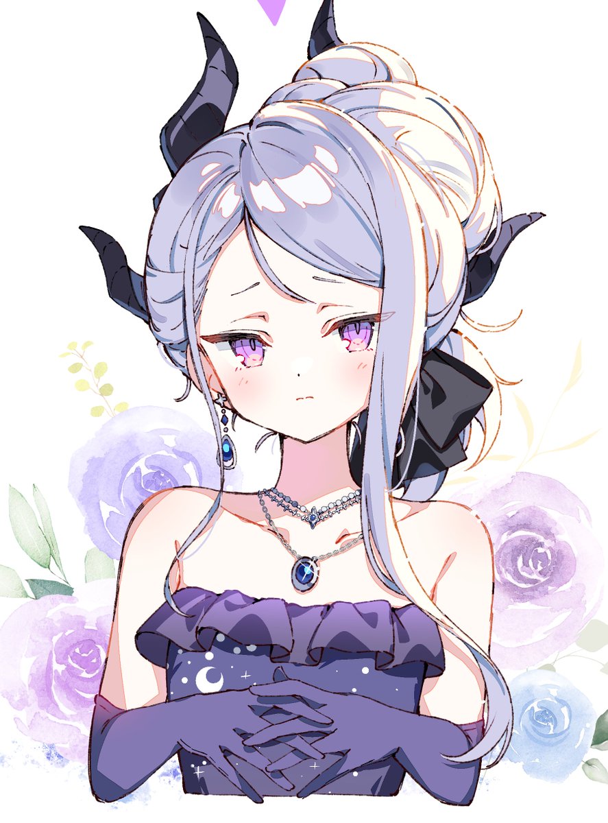 hina (blue archive) ,hina (dress) (blue archive) 1girl solo horns jewelry gloves purple eyes dress  illustration images
