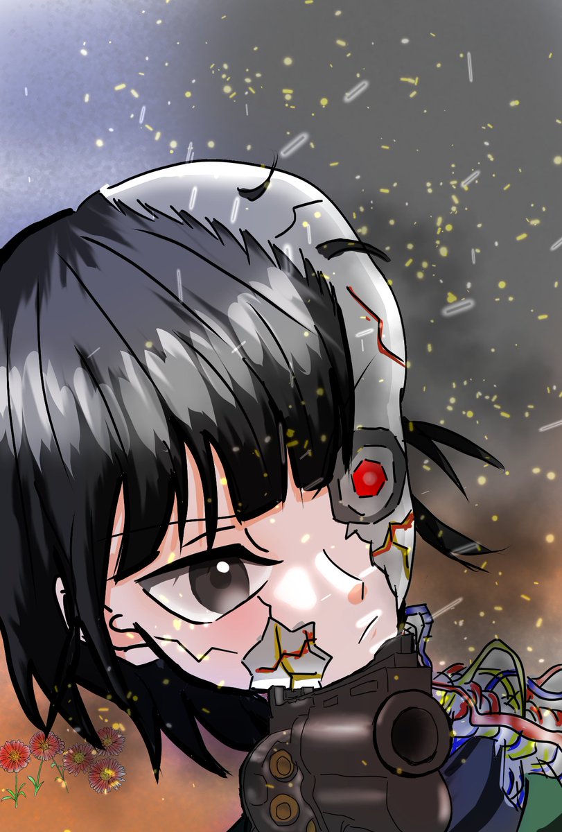 1girl black hair solo weapon android gun mechanical parts  illustration images