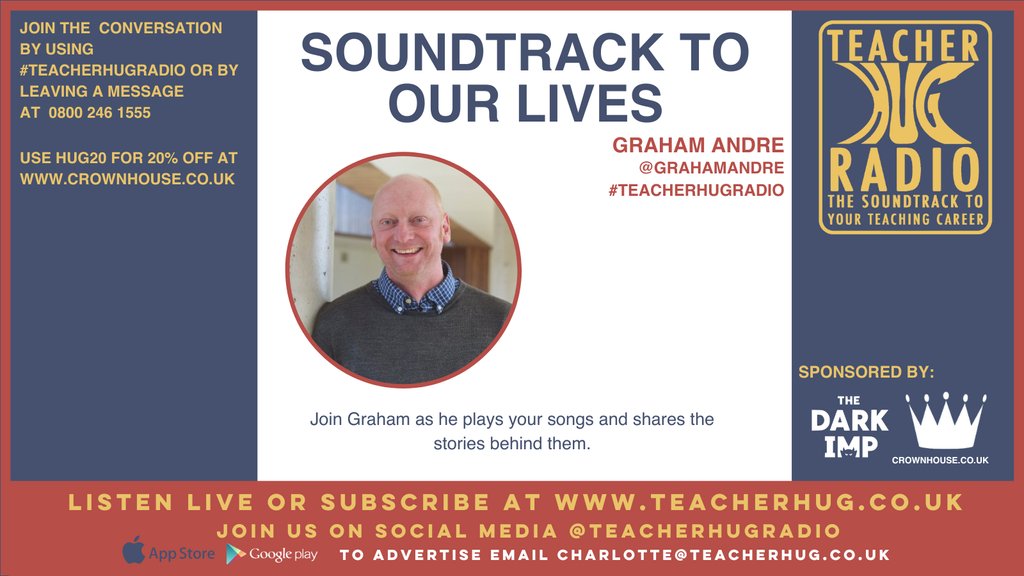 Coming next, it’s the music that has shaped and accompanied our stories, brought to us by @GrahamAndre. Share your requests and anecdotes using #TeacherHugRadio Listen live at teacherhug.co.uk