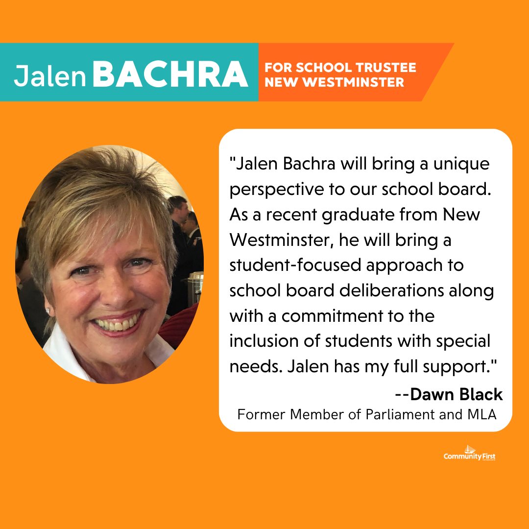 Thoughtfulness and understanding. That is what Jalen Bachra will bring to the role of school board trustee. Thank you Dawn Black for your support and endorsement of @JalenBachra in the upcoming school board by-election.