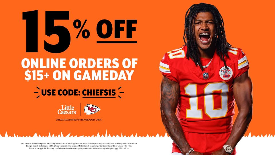 Championship Sunday is tomorrow and @littlecaesars is hooking you up! Get 15% off online orders of $15+ with code CHIEFS15 🔥🍕   Order here: littlecaesars.com