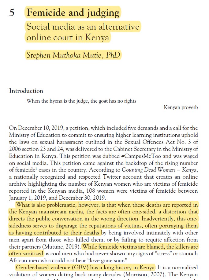 NewSingaporean_'s tweet photo. I was reading some research pieces on the context of Femicide in Kenya and found this book chapter by one Stephen Muthoka which was quite something. This writing has some good "quotable quotes" on the femicide situation in Kenya. 

A thread. 1/N https://t.co/eF5nbjM6dp