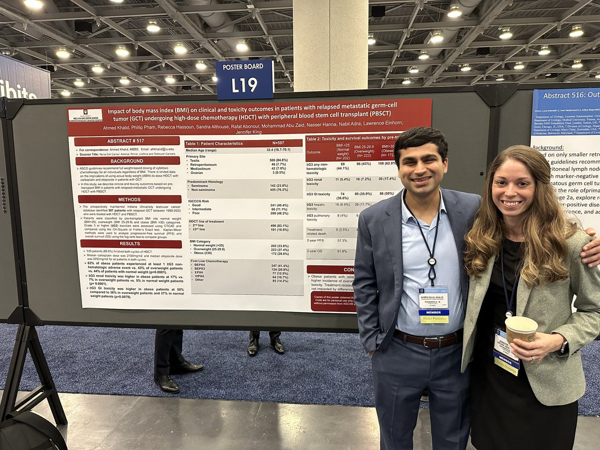 Our superstar @IUHemOnc fellow @AhmedBilalKhal2 and his work on BMI and outcomes in GCT patient treated with HDCT 👏 @IUCancerCenter @nabiladra #GU24