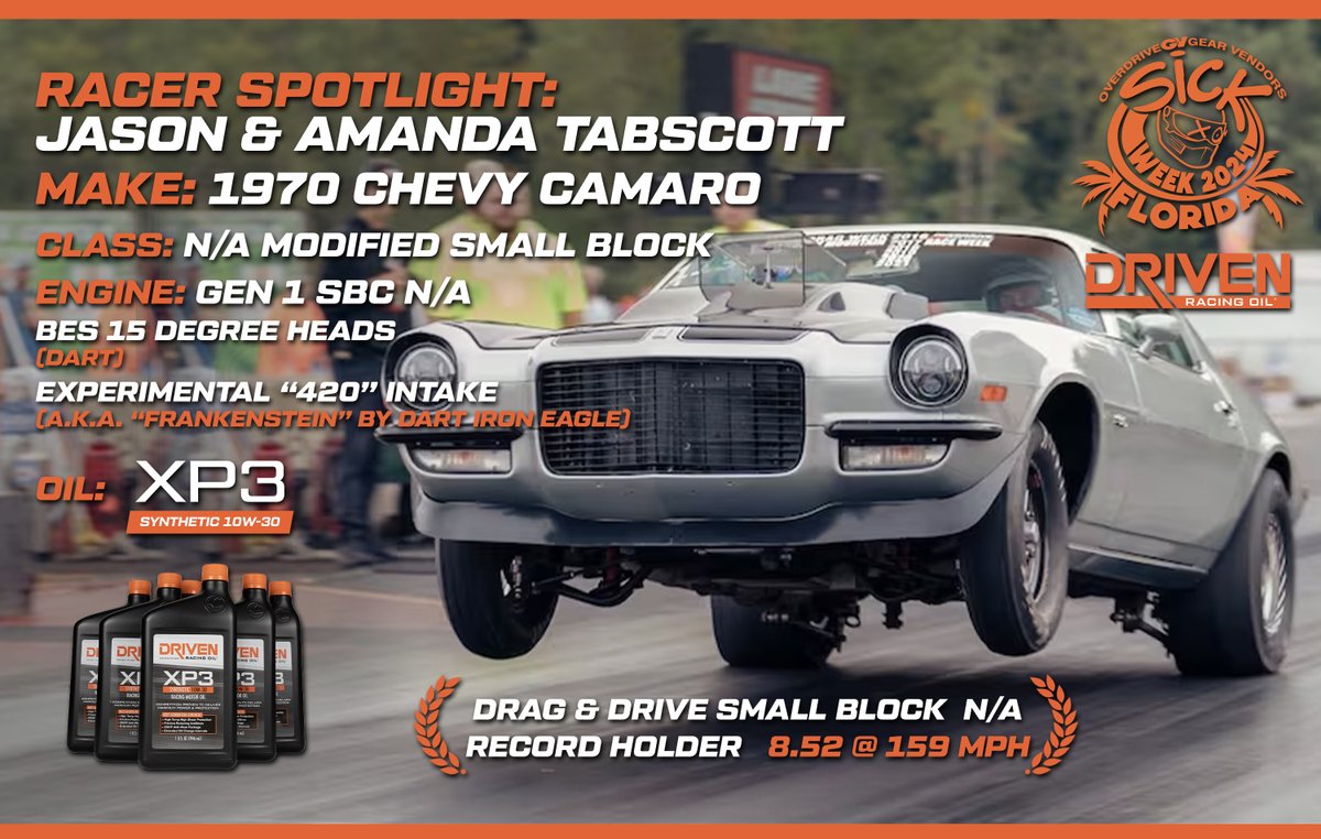 Our third featured partner as we get closer to #SickTheMagazine's #SickWeek is the husband and wife team of Jason and Amanda Tabscott! Their 1970 Chevy Camaro has been on the podium at every #DragAndDrive they have entered: ow.ly/qtwB50Qv6aR

#IAmDriven #DragRacing #Camaro