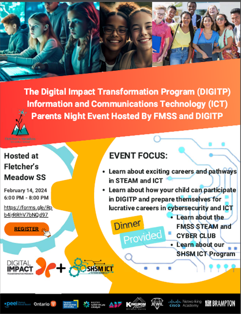 February 14th 6-8pm, <a href="/fmssarrows/">Fletcher's Meadow S.S.</a> The Digital Impact Transformation Program (DIGITP) Information and Communications Technology (ICT) Parents Night Event <a href="/PeelSchools/">Peel District School Board</a> <a href="/NadineDeerr/">Nadine Deerr</a>
📷