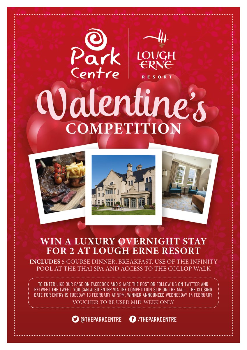 theparkcentre's tweet photo. WIN an overnight stay at Lough Erne Resort! 💕

To enter, FOLLOW our page &amp; RETWEET this post!

💌 You can also enter via the Red Box on the Mall. Simply complete the competition slip and pop it in the box! 

Winner announced Wednesday 14th February, good luck everyone! ❤️ https://t.co/w6iA9cvYEe