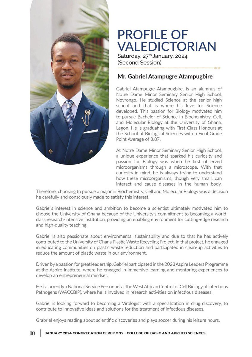 WACCBIP_UG's tweet photo. Congratulations to our Graduate Intern, Gabriel Atampugre Atampugbire, on emerging as the valedictorian and graduating with First Class Honours in @UG_BCMB.
He achieved a 3.87 FGPA from the School of Biological Sciences.
@WACCBIP_UG celebrates you for this remarkable achievement. https://t.co/KJJ4yb1bRW