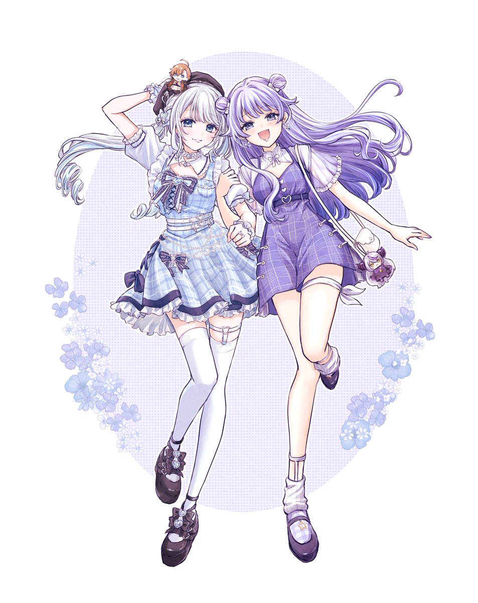 multiple girls 2girls double bun hair bun plaid dress dress purple hair  illustration images