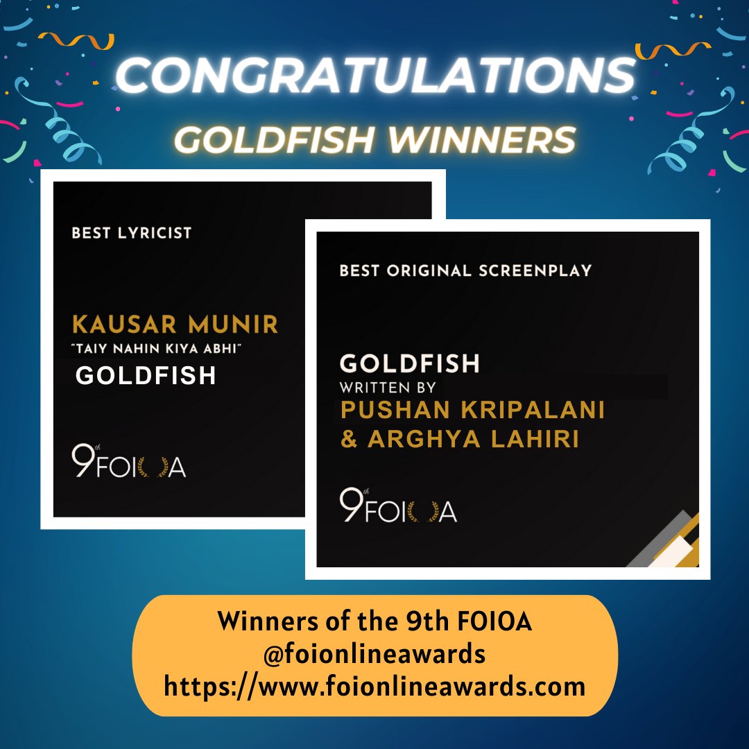 Thank you 9th FOI Online Awards and Congratulations to the winners, #PushanKripalani, #ArghyaLahiri and #KausarMunir of #Goldfishthefilm. foionlineawards.com/post/9thfoioa-… #9thfoioa #splendidfilms @foionlineawards @kalkikanmani @DeeptiNaval @poojachauhan