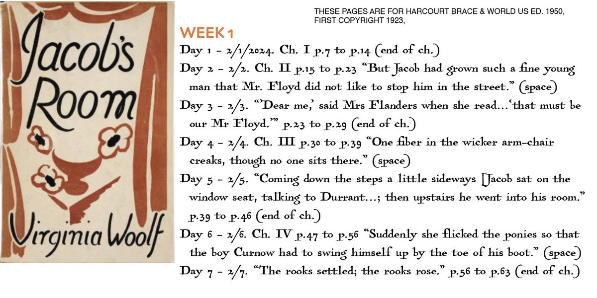 Christina5004's tweet photo. #JacobsRoom2024 slow read begins Feb. 1st - here's the schedule for Week 1.
"Our memories are full of moments and hours- unheroic moments, but moments nevertheless which stand vividly etched."-BostonTranscript review.
Please join us! #VirginiaWoolf #WoolfPack #ThirdNovel https://t.co/6hmpwx6tmc