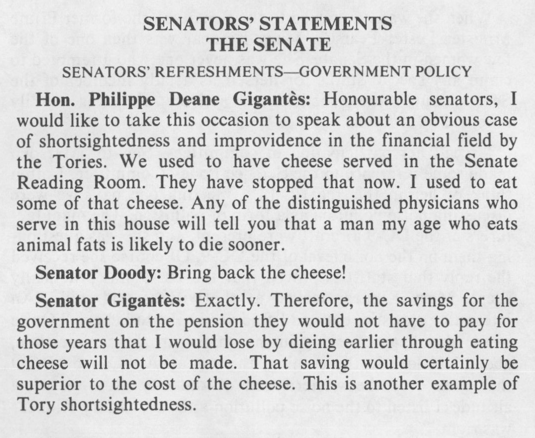 ParlCharlie's tweet photo. Whenever I see a cheese plate I think about this moment from Canadian Senate Hansard - February 12, 1992 https://t.co/Y8ghuB4qED