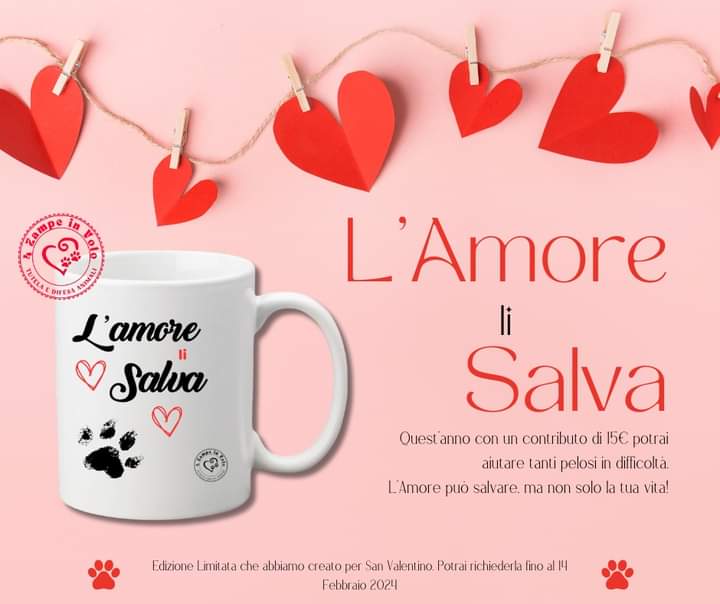 A San Valentina regala una tazza solidale di 4 Zampe in Volo!!
Il ricavato aiuterà tanti pelosetti in difficoltà, fai un gesto d'amore!
DONA ORA! ❣🐾❣🐾
👇🏻👇🏻👇🏻👇🏻  
quattrozampeinvolo.it/store/product/… 

#sanvalentino #amore  #amiciaquattrozampe #adozioni4Ziv #follower 🙏 #creazionisolidali