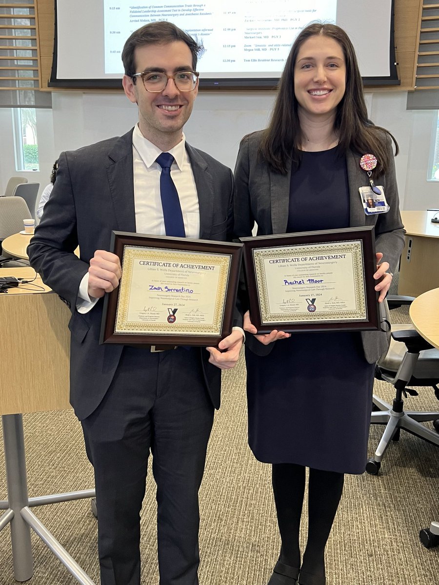 Congratulations <a href="/zacsor1/">Zachary Sorrentino</a> <a href="/FreedmanRachelS/">Rachel Moor, MD</a> winners of Tom Ellis Resident Research Award. Dr. Ellis @UFNeurosurgery alumn and <a href="/wakeforestmed/">Wake Forest University School of Medicine</a> neurosurgeon passed from pancreatic cancer 2012. This award named for him is given for best resident research.