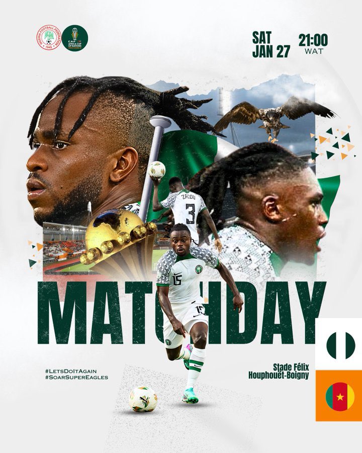 🦅 Super Eagles, this is our moment! ⚽️ Show Cameroon the power and passion that define Nigerian football. Win this half, secure that victory, and let's qualify for the next round together! 💪🇳🇬 #SuperEagles #NigeriaFootball #VictoryInThisHalf Afcon