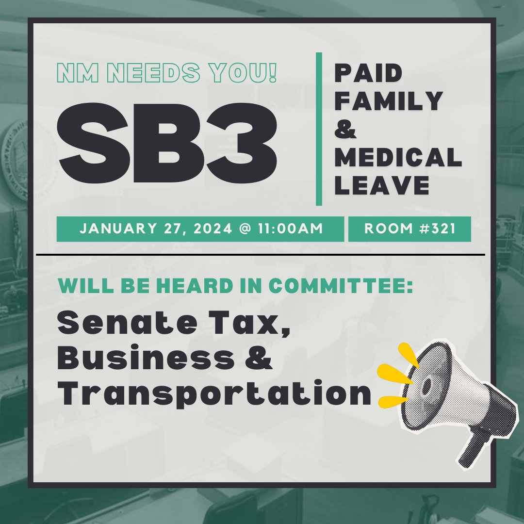 🚨 Today, Senate Tax, Business &amp; Transportation Committee is discussing SB3 - Paid Family &amp; Medical Leave: ow.ly/9yoK50Qv6nP

Let's unite for this crucial initiative, New Mexico! #NMPFML #nmleg #nmpol