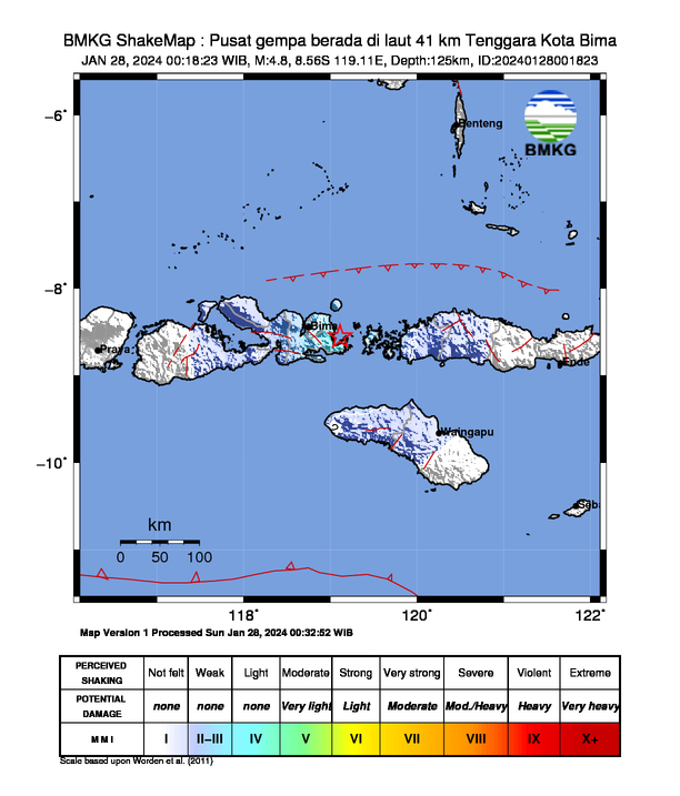infoBMKG's tweet photo. #Gempa (UPDATE) Mag:4.8, 28-Jan-24 00:18:23 WIB, Lok:8.56 LS, 119.11 BT (Pusat gempa berada di laut 41 km Tenggara Kota Bima), Kedlmn:125 Km Dirasakan (MMI) II Bima #BMKG https://t.co/fPDkfvcco8