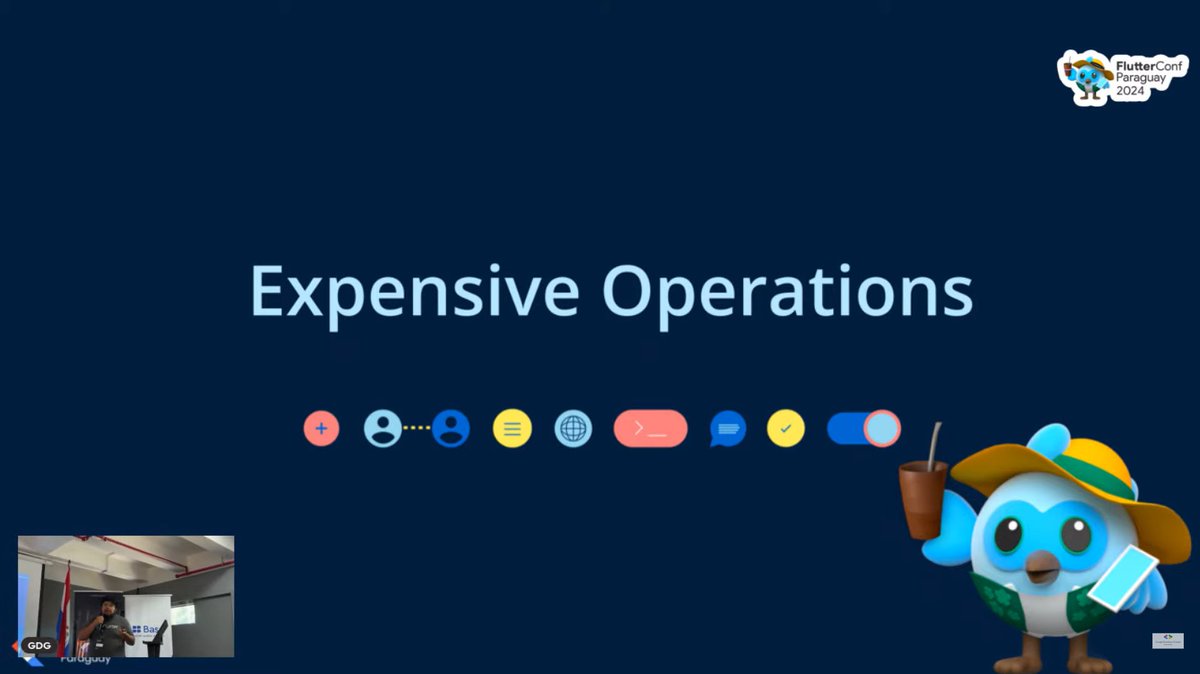 flutter_py's tweet image. 🚀 ¡Descubre los entresijos de Flutter con David Rios en la #FlutterConfPY2024! 💻🔍

&quot;Los Expensive Operations son métodos que consumen bastante requerimiento de hardware de nuestro dispositivo...&quot;