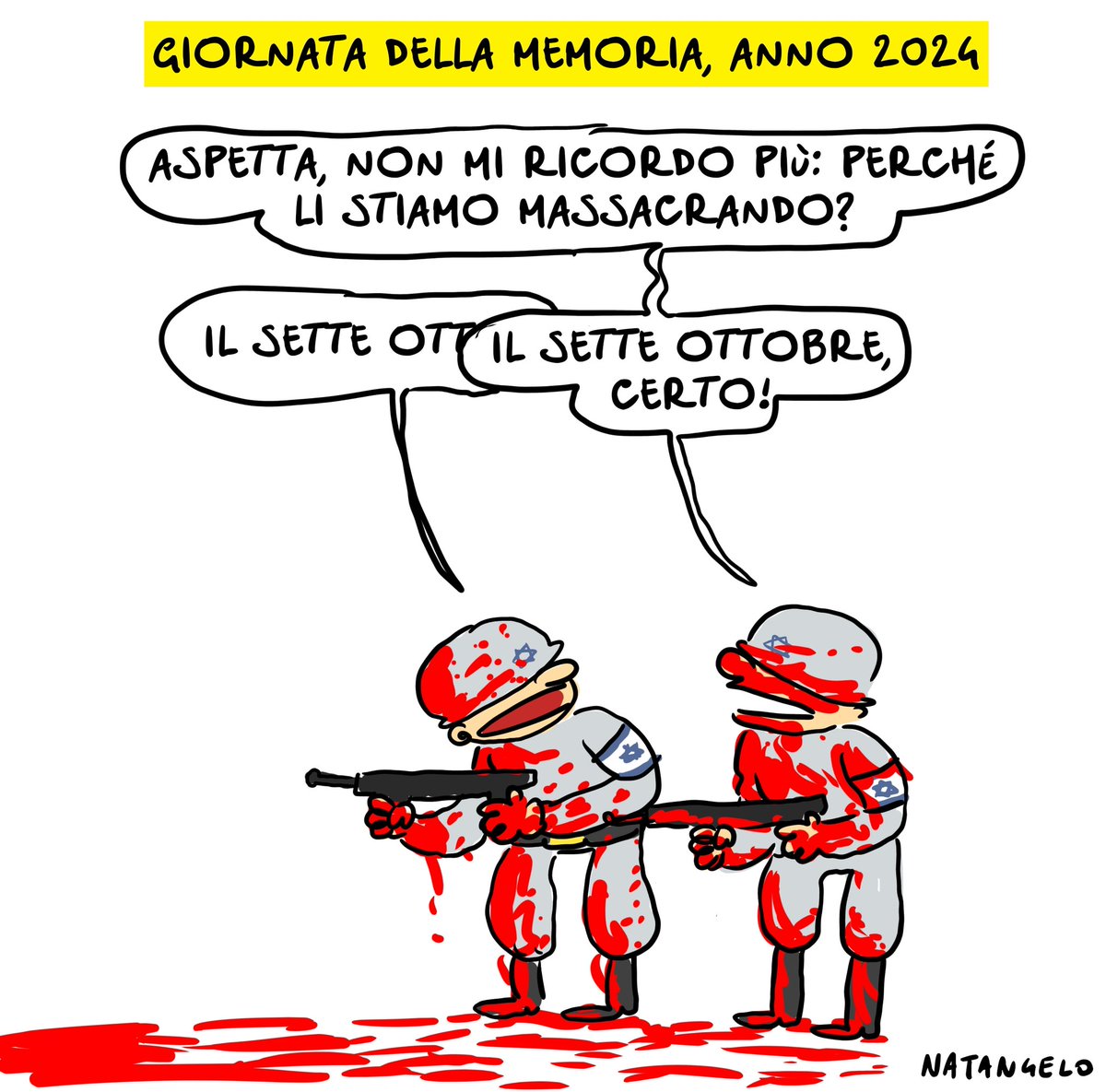 Per non dimenticare 

[vignetta pubblicata in ottemperanza del decreto ingiuntivo emesso dal trinbunale delle vignette] 

#israele #gaza #palestina #genocidio #giornodellamemoria #Auschwitz #pernondimenticare #vignetta #fumetto #memeitaliani #umorismo #satira #humor #natangelo