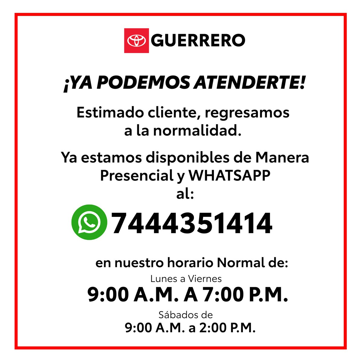 Toyota_Gro's tweet photo. ✨¡Ya estamos trabajando para usted!. 

✅Cotiza el Auto de tus Sueños
✅Trae tu Toyota a Servicio.
✅Cotiza Refacciones Originales
✅Te Compramos tu Auto.

➡️Mándanos un Whats 📲 al 👉744 435 1414 https://t.co/lQibqZTK5c