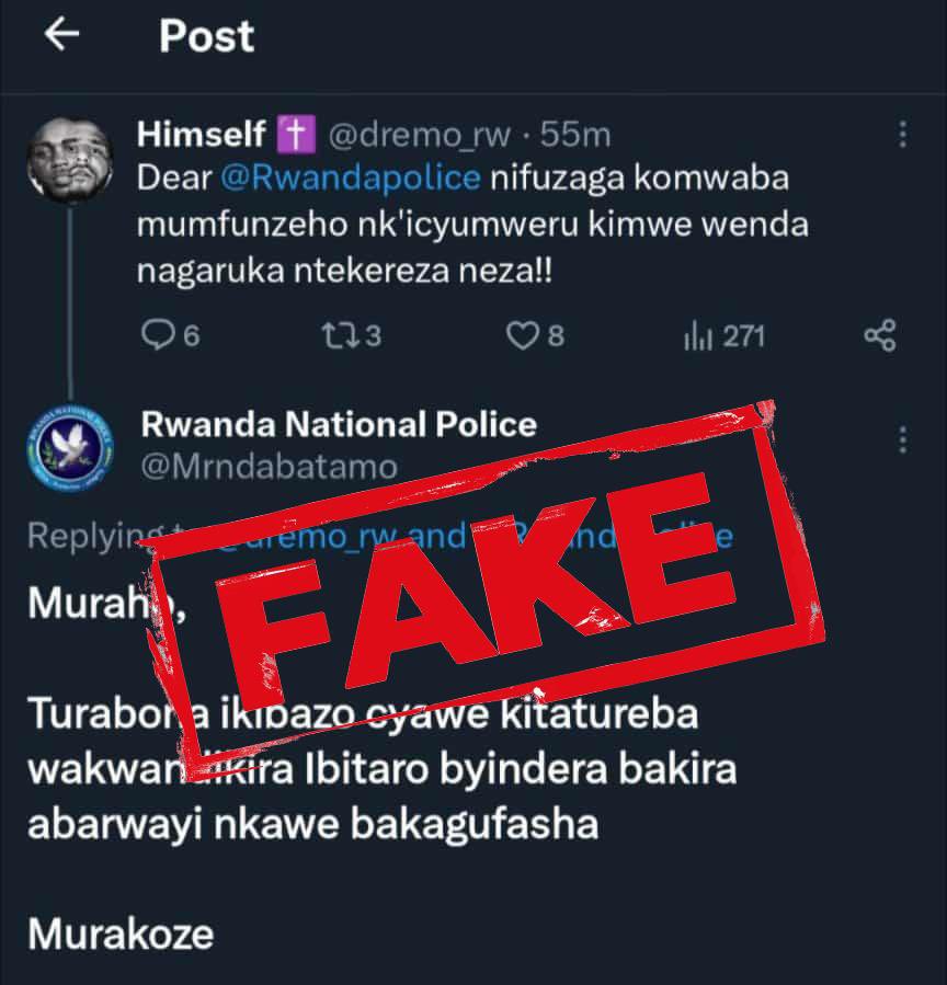 Muraho, Turabamenyesha ko iyi 'account' atari iya Polisi y'u Rwanda. Ibivugwamo mubyirengagize. Murakoze