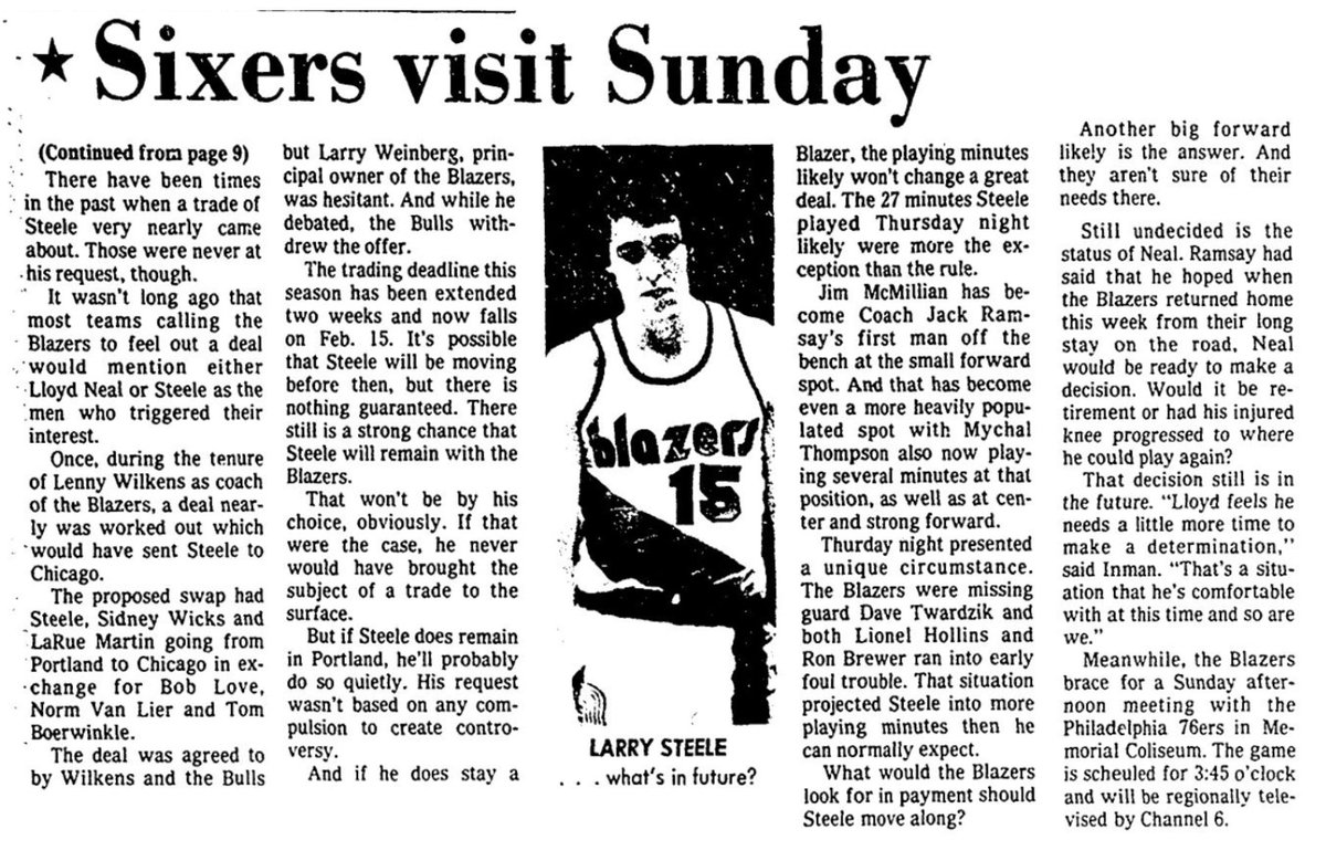 77Blazers's tweet photo. Jan 27 1979 - There is speculation that the @trailblazers are looking to trade long-time forward #LarrySteele though no team is mentioned.
Steele has the longest tenure with the #Blazers, joining the team in 1971. His name has often been mentioned in various trades over the years. During the 75/76 season a trade sending Steele, #SidneyWicks, and #LaRueMartin to the @chicagobulls for #BobLove, #NormVanLier, and #TomBoerwinkle was agreed upon by the teams but Blazers owner #LarryWeinberg hesitated and then the Bulls nixed the deal.
#RipCity #ThisDateinBlazersHistory
