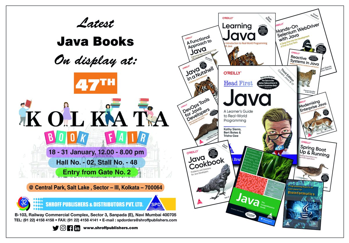 We invite you to the 47th Kolkata Book Fair 2024 at Central Park,Salt Lake Kolkata, from 12 am to 8 pm Hall No.02,Stall No.48, to browse and buy the bestselling Java Books Order directly t.ly/-3duT #Java #springboot #DevOps #seleniumwebdriver #shroffpublishers