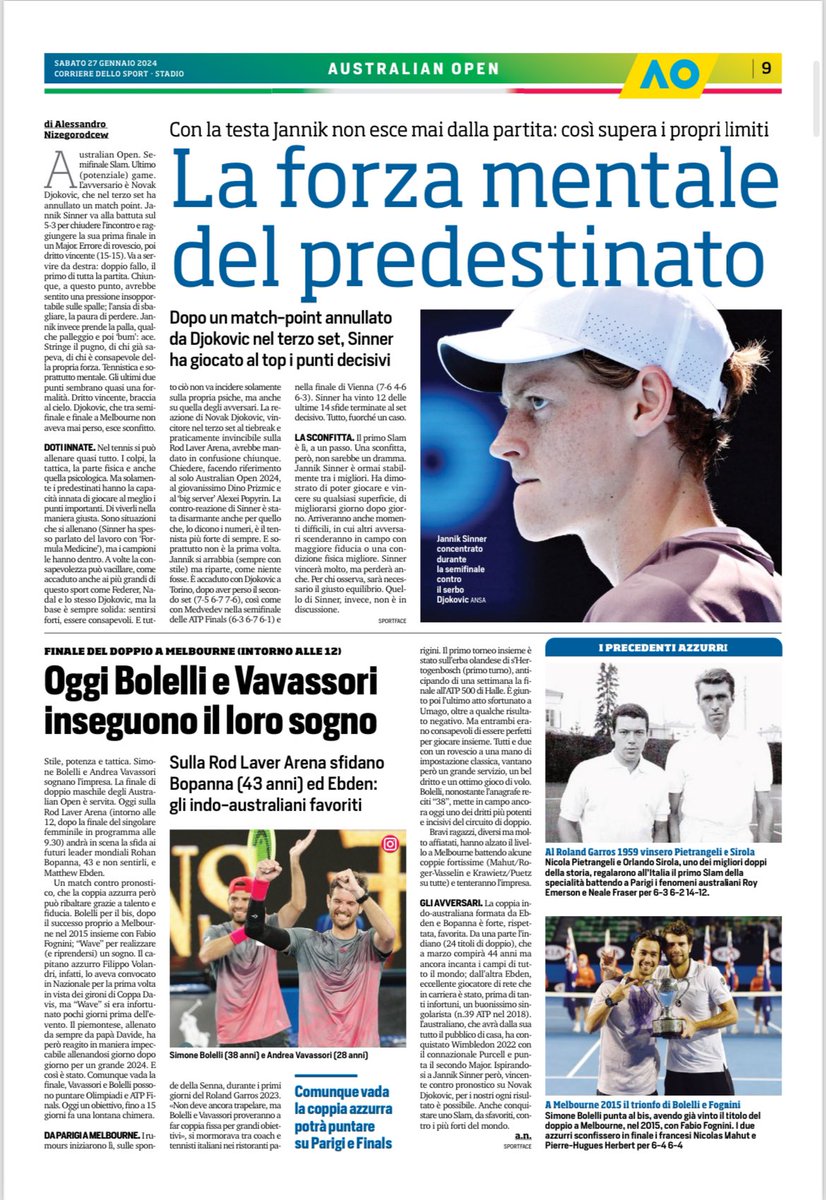 Qualche riga su Jannik #Sinner per il <a href="/CorSport/">Corriere dello Sport</a> di oggi 

#Tennis #AusOpen