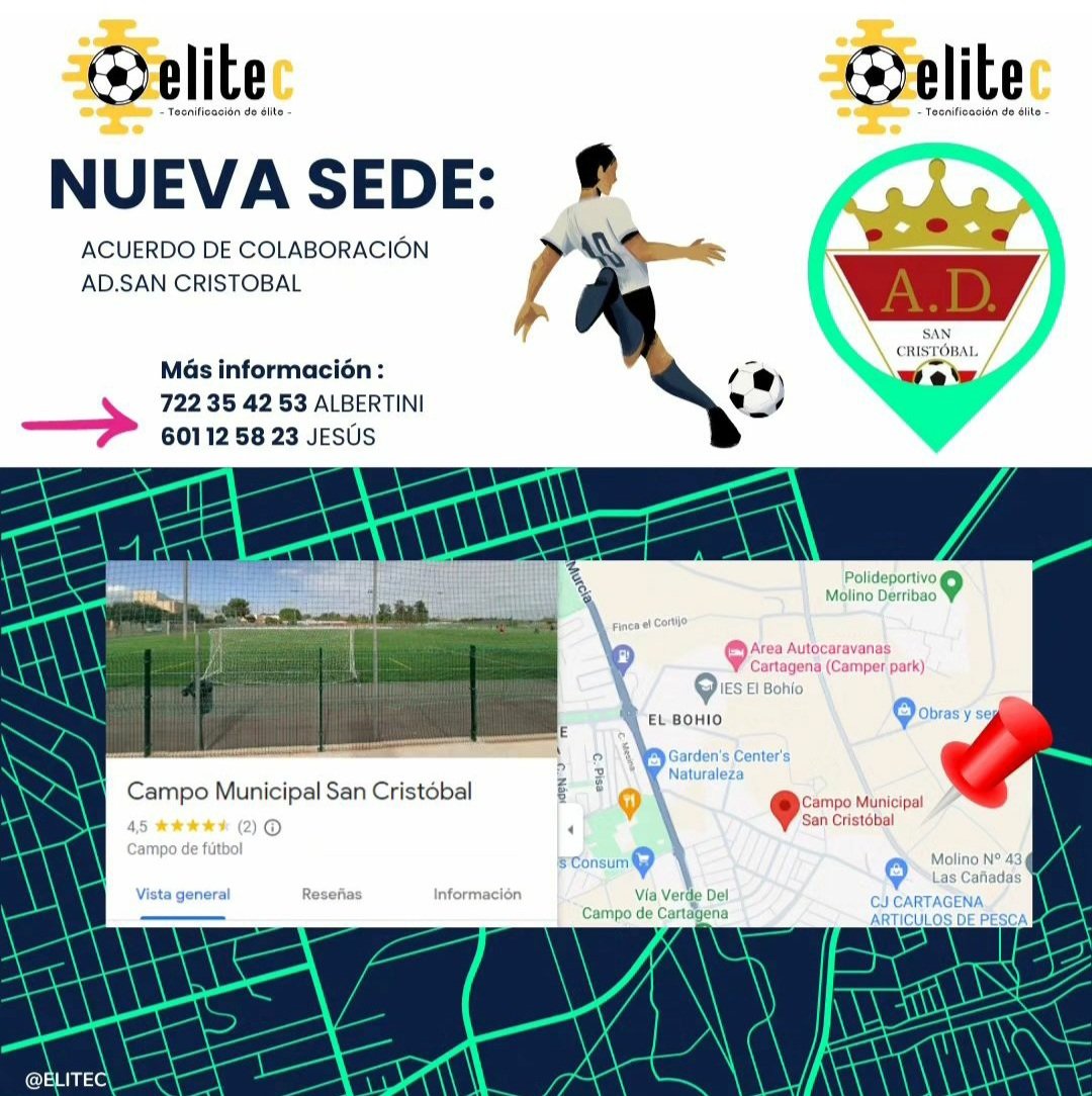 ✅🔊📢🚨En Cartagena, además del Lopez Belmonte, tenemos nueva sede con @sancristobalct alcanzando un acuerdo de colaboración. GRACIAS a todos 🤗✍🏼 ELITEC sigue avanzando, en búsqueda siempre de la mejora para sus alumn@s. 📍SEDE "Campo Municipal  San Cristóbal, Bohío"⚽