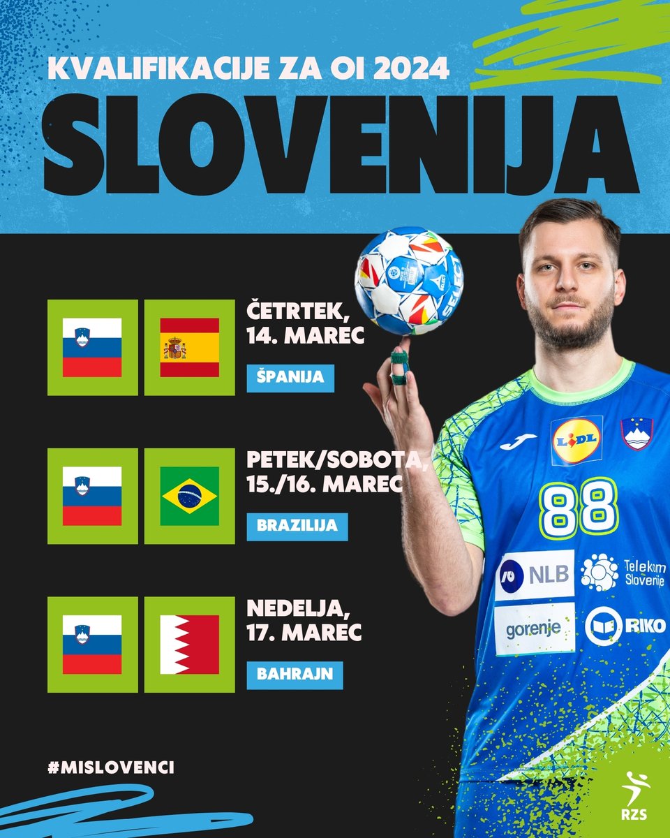 Marca se bo slovenska moška reprezentanca v kvalifikacijah za @olympics merila s Španijo, Brazilijo in Bahrajnom. V Pariz bosta napredovali najboljši dve reprezentanci. 

Več: bit.ly/3SysLVU

#miSlovenci
#RoadToParis #TeamSlovenia
@teamslovenia