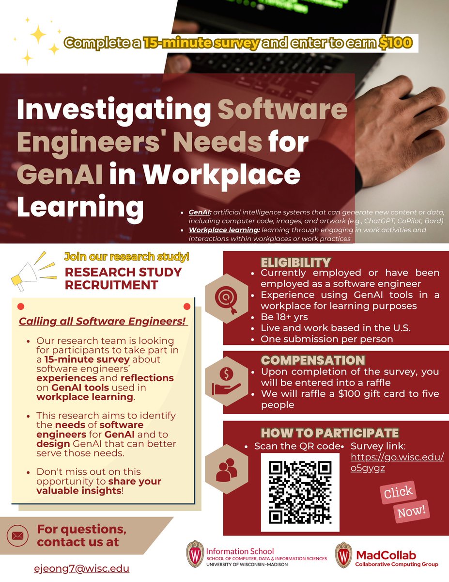 ejeong7Ellie's tweet photo. 📣 Calling all Software Engineers! Complete a 15-minute survey and enter to earn $100! 🎊
Our study team from the UW-Madison Information School is seeking participants to take part in a 15-minute survey. 

#SoftwareEngineer #SoftwareEngineering #softwaredevelopment #GenerativeAI https://t.co/sip1OcwZIT