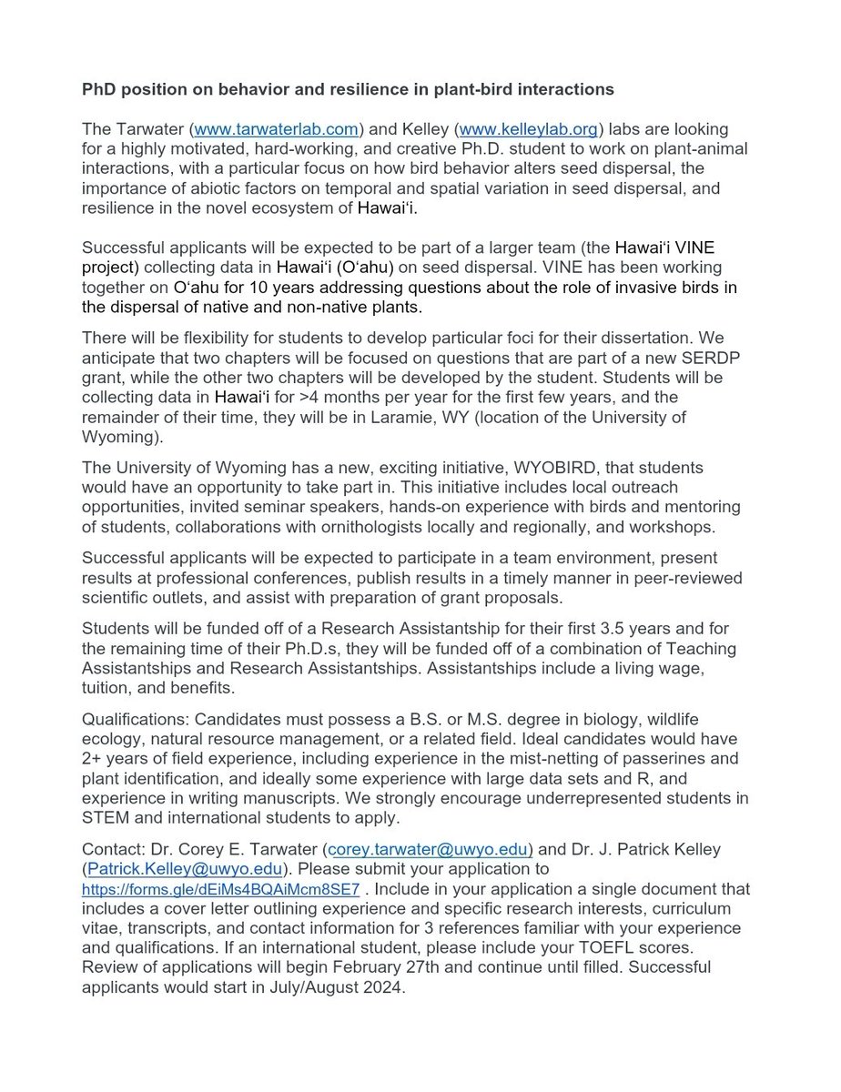 JBugoni's tweet image. [OPEN PhD POSITION]
Do you want to work with seed dispersal on Hawaii? Check this out.
 
Please help spreading the word